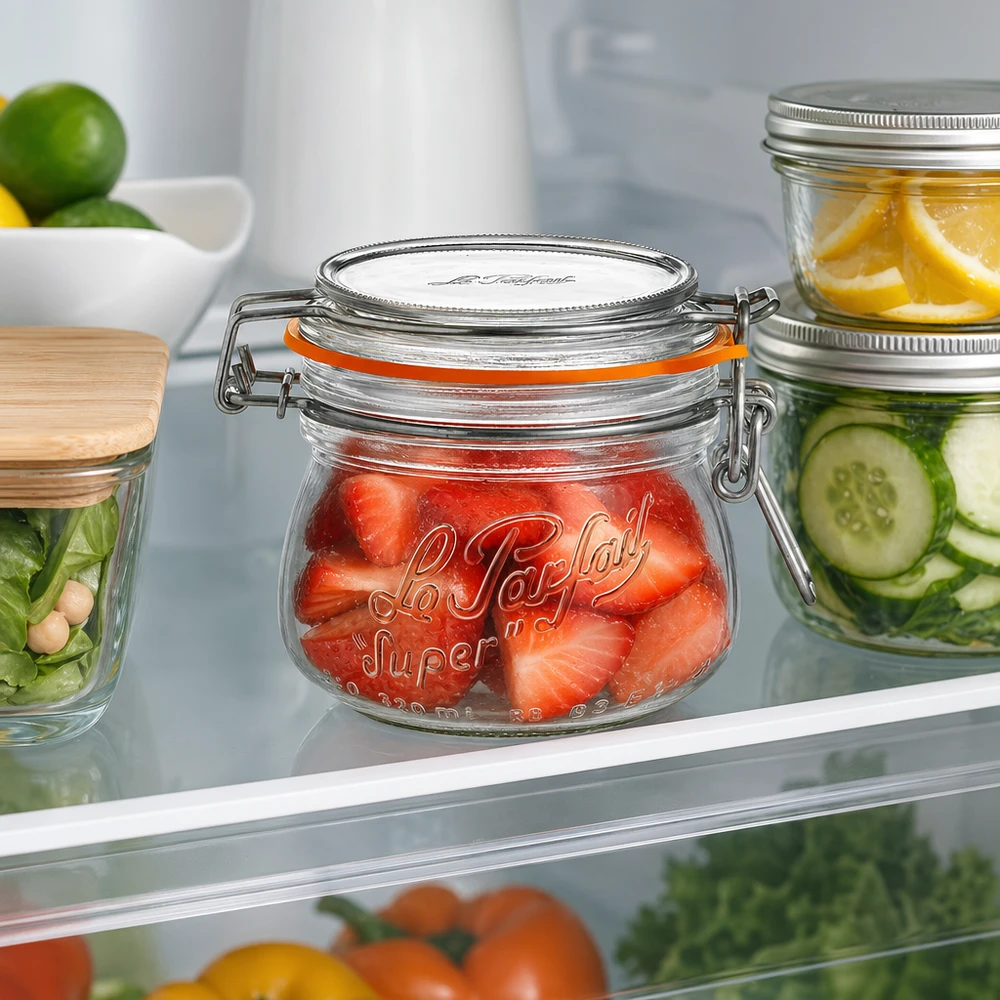 Le Parfait® pot 250 ml Ø70 mm voorraad 250 ml Le Parfait Super voorraadpot met draaidop gevuld met aardbeien in de koelkast naast andere potten
