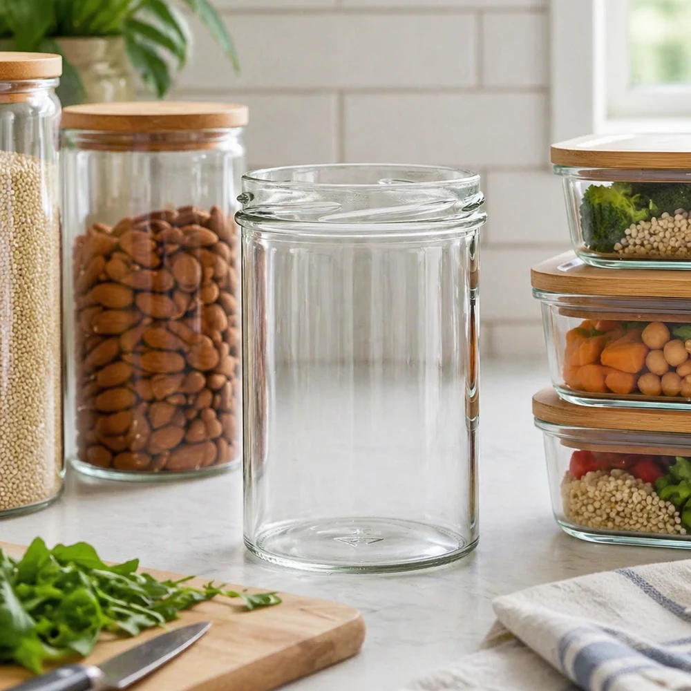 Lege bekers van 435 ml in een moderne keuken tussen voorraadpotten gevuld met noten en peulvruchten