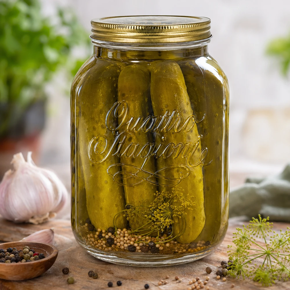 3000 ml rond glas "Quattro Stagioni" met deksel 3000ml Quattro Stagioni inmaakpot met ingemaakte komkommers, kruiden en dille toont perfecte conservering