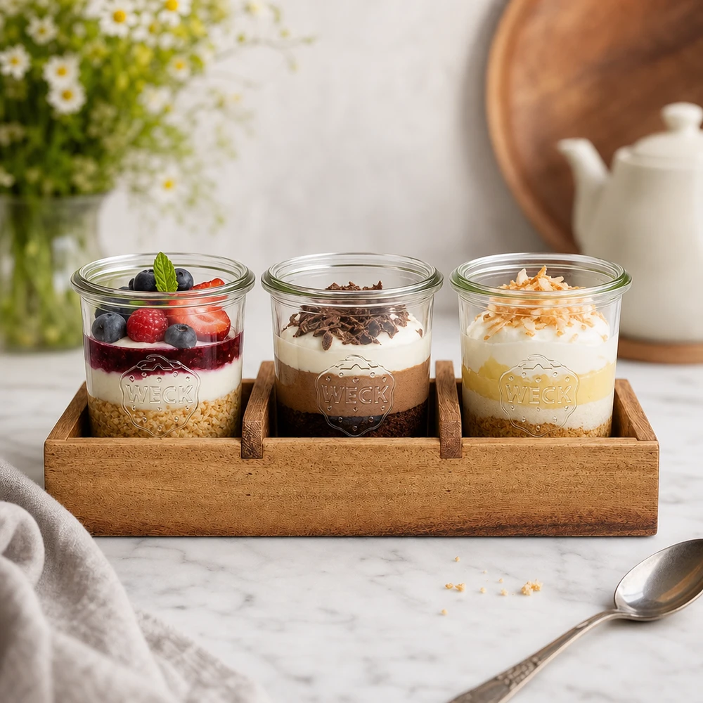 Dienblad Box3 acaciahout voor 3 WECK stortglas Serveerplank van acaciahout Box3 met drie WECK potten dessert yoghurt bessen chocolade kokos keukenpresentatie