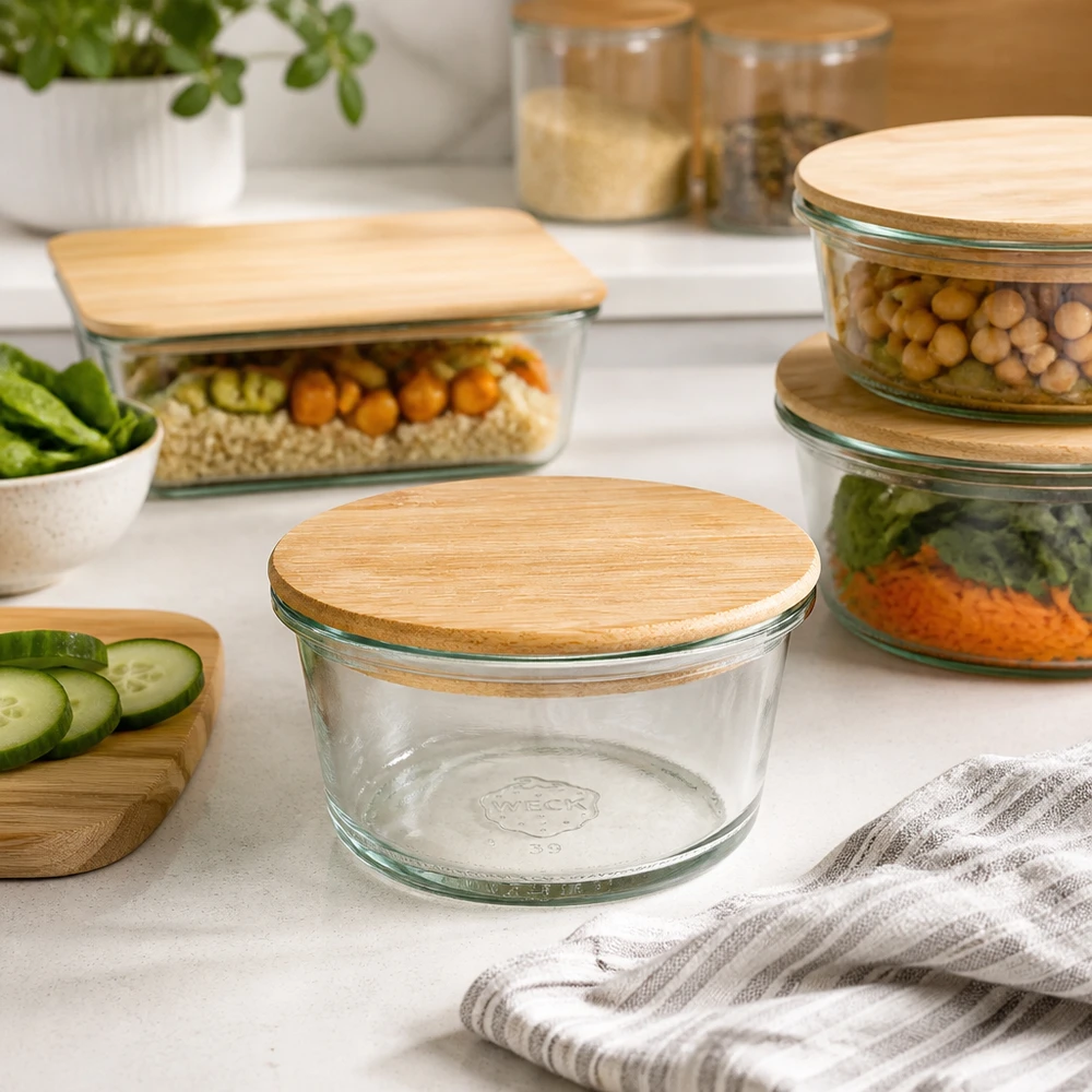 WECK gourmetpot 165ml RR80 in keukenopbergset met andere voorraadpotten en houten deksels om voedsel in te bewaren
