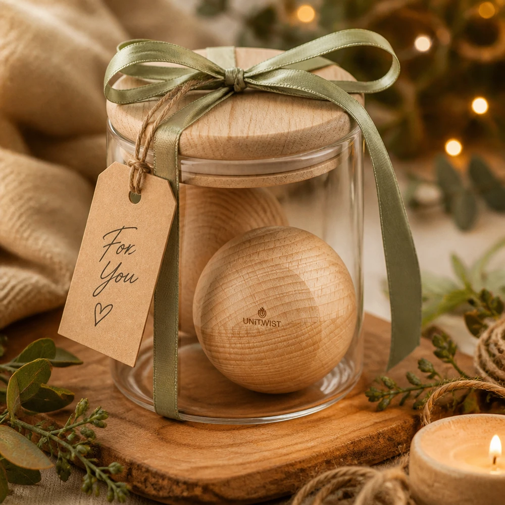 UNiTWIST Houten bal WECK RR80 UNiTWIST houten bal beuken WECK RR80 als een geschenk in een pot versierd met een groene strik en For You tag