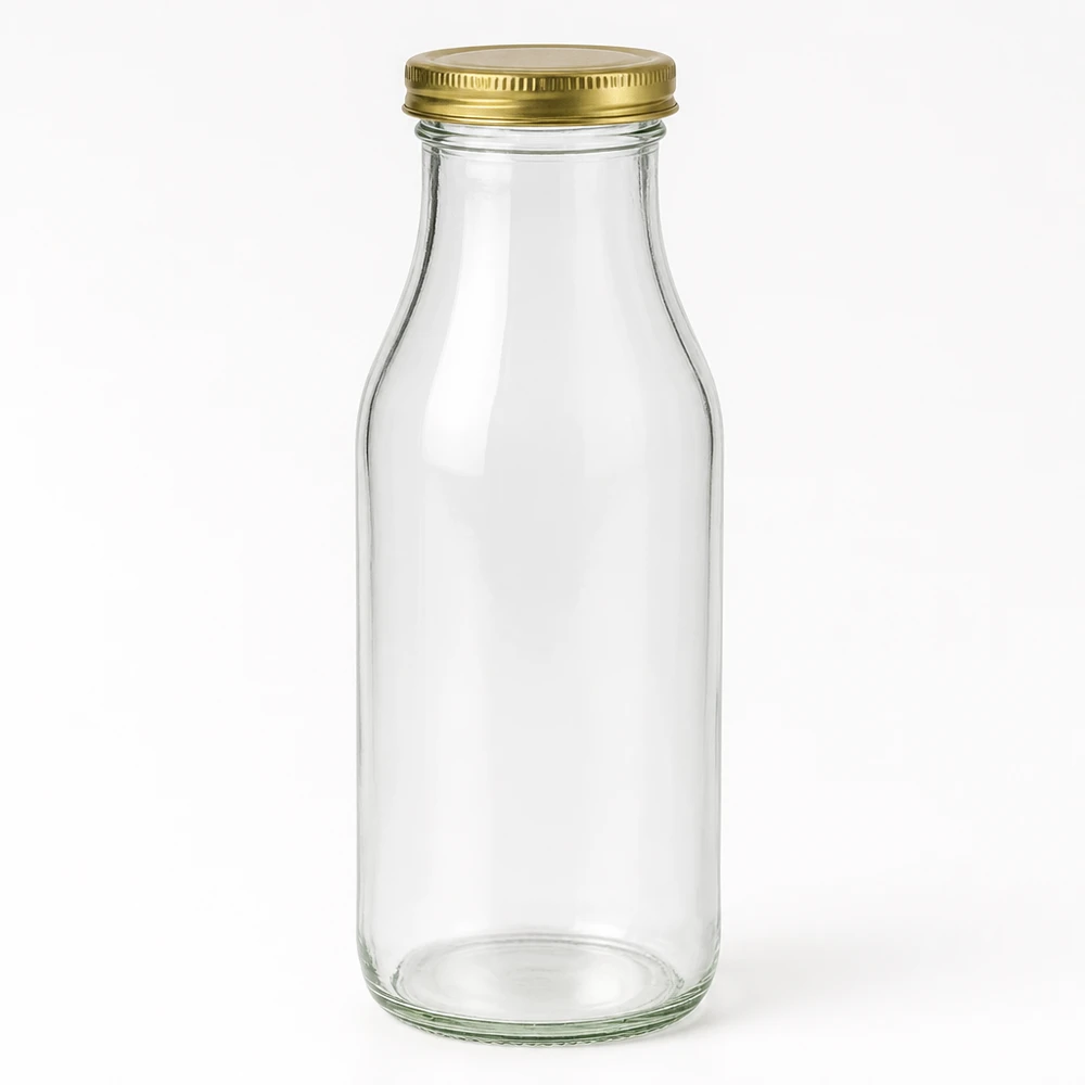 Lege glazen fles UNiTWIST Bottle263 met gouden schroefdop TO43 BioSeal tegen een witte achtergrond