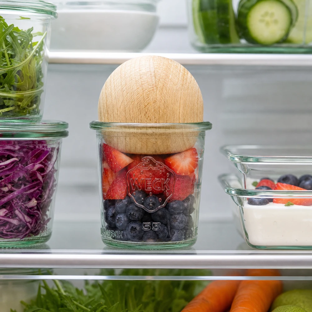 140ml stortglas WECK RR60 met houten bal WECK pot 140ml RR60 in de koelkast gevuld met bessen, beukenhouten bol deksel tussen vers voedsel