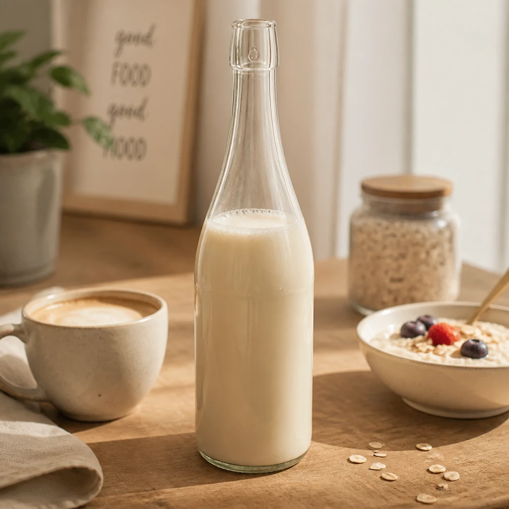 750 ml glazen fles zonder draaidop UNiTWIST 750ml UNiTWIST glazen fles gevuld met havermelk naast koffiekopje schaaltje ontbijttafel lifestyle tafereel