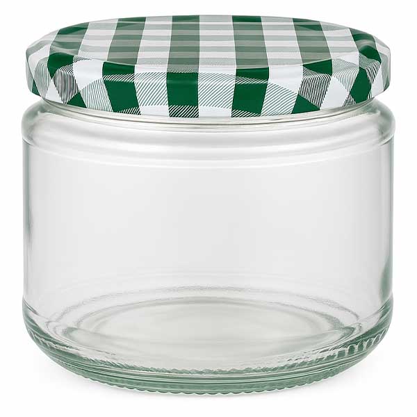 330ml rond glas met BasicSeal deksel groen/wit UNiTWIST 330 ml ronde pot met groen en wit geruit BasicSeal deksel, lege inmaakpot voor voedsel en conserven