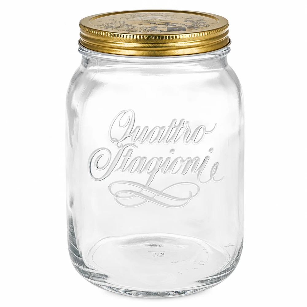 2000 ml rond glas "Quattro Stagioni" met deksel 2000ml Quattro Stagioni ronde pot met gouden schroefdeksel - inmaakpot van helder glas voor het inmaken