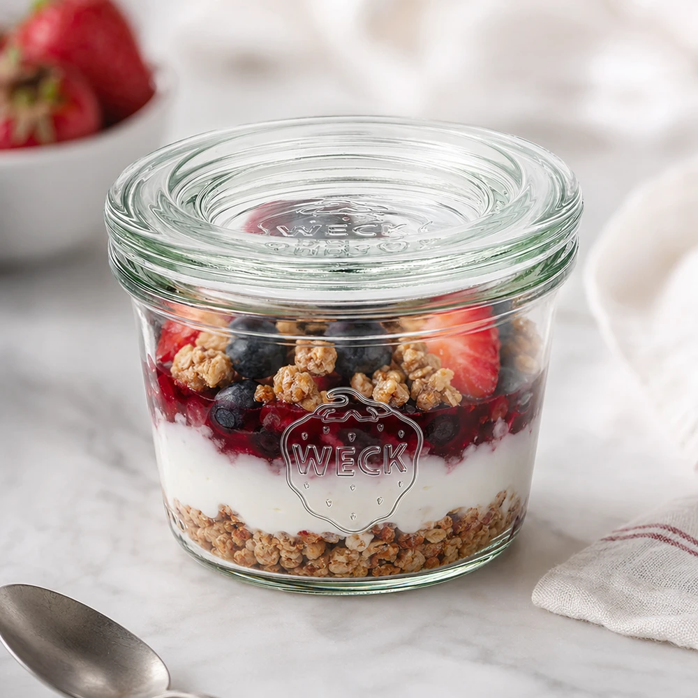 35ml stortglas met glazen deksel WECK RR40 WECK 35ml RR40 mason jar met yoghurt muesli en bessen als dessert in een pot gedecoreerd op een wit marmeren bord