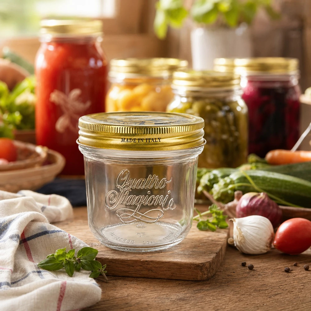 Quattro Stagioni 200ml mason jar met gouden deksel op houten plank omringd door inmaakpotten en verse groenten