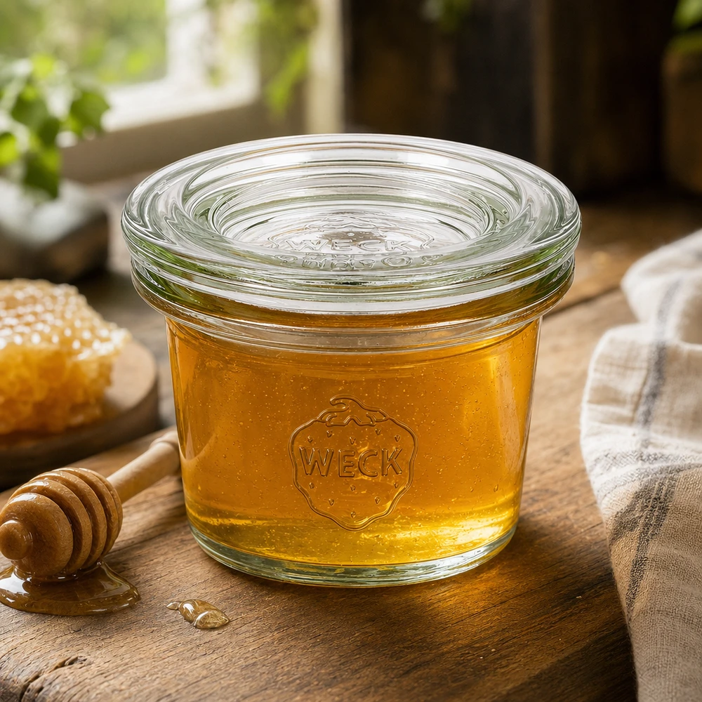 35ml stortglas met glazen deksel WECK RR40 WECK 35ml RR40 potje gevuld met honing op een houten plank met honinglepel en honingraat in een natuurlijke sfeer