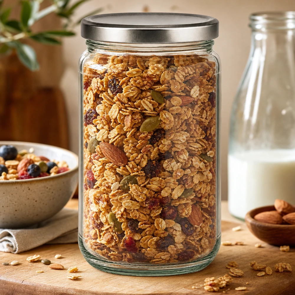 305ml rond glas met BasicSeal deksel zilver UNiTWIST 305ml ronde pot met BasicSeal deksel zilver gevuld met muesli en noten als voorraadpot in de natuurkeuken