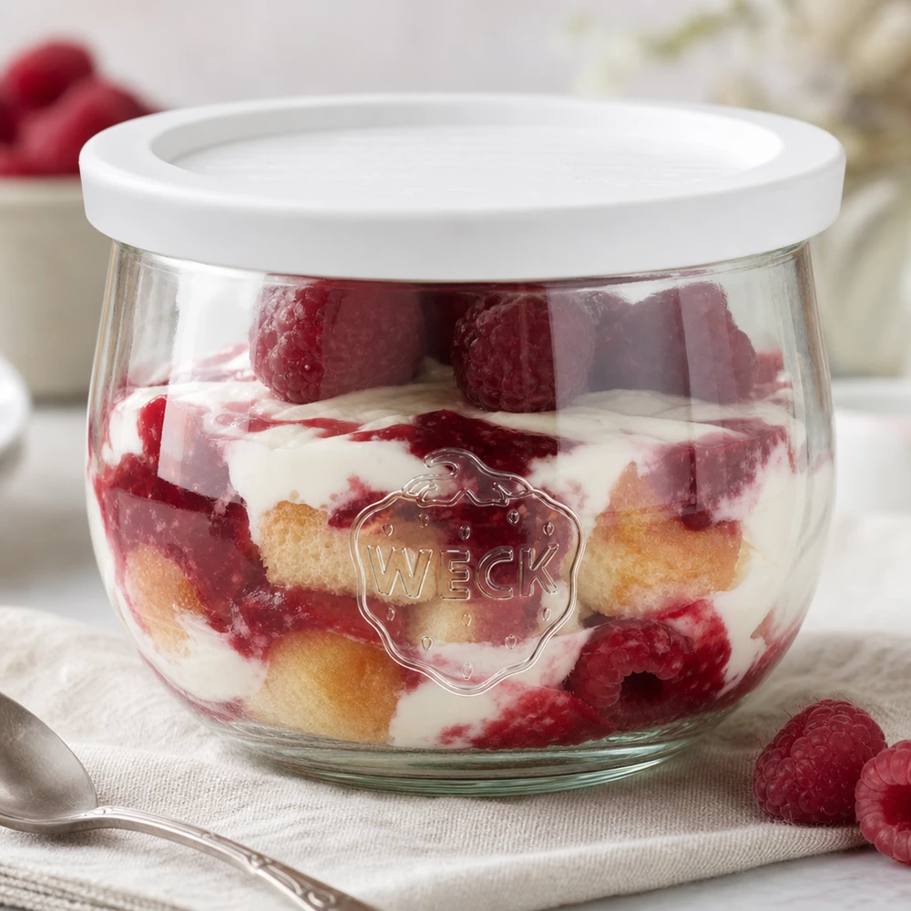 580ml tulpenglas met vershouddeksel WECK RR100 WECK tulpenpot 580ml met vers deksel als dessertschaal voor gelaagde desserts met frambozen en room