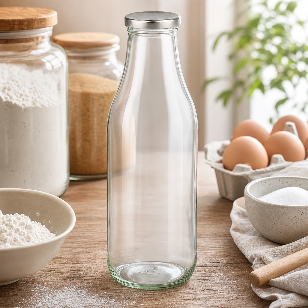 1000ml fles met BasicSeal deksel zilver UNiTWIST Glasflasche 1000ml in stilvoller Küchenumgebung mit Backzutaten und Dekoration für den täglichen Gebrauch