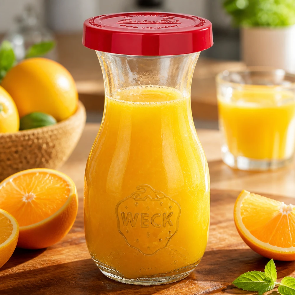 Stijlvolle WECK glazen fles 290ml met felrood siliconen deksel perfect voor sinaasappelsap