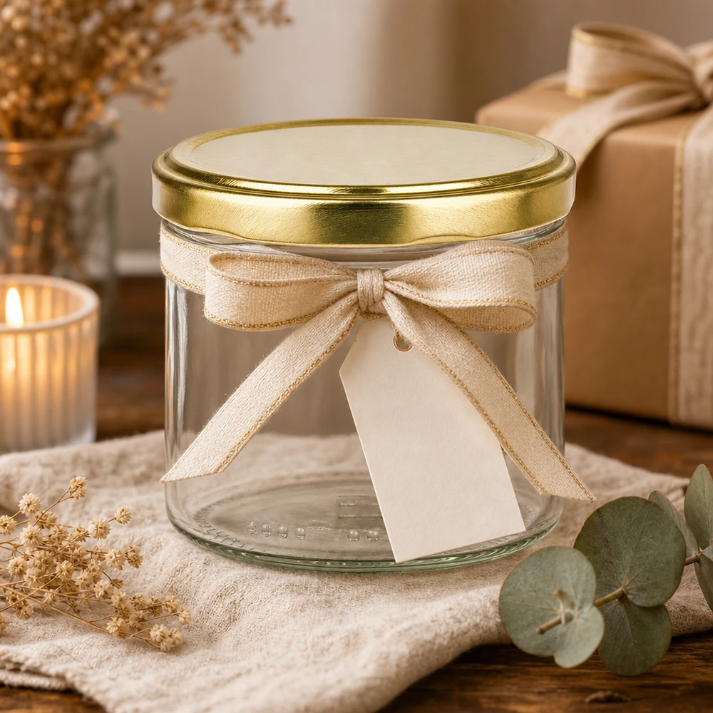 230ml cilindrische pot met BioSeal deksel goud UNiTWIST Decoratieve 230 ml cilinderpot met goudkleurig deksel en crèmekleurige strik als cadeauverpakking