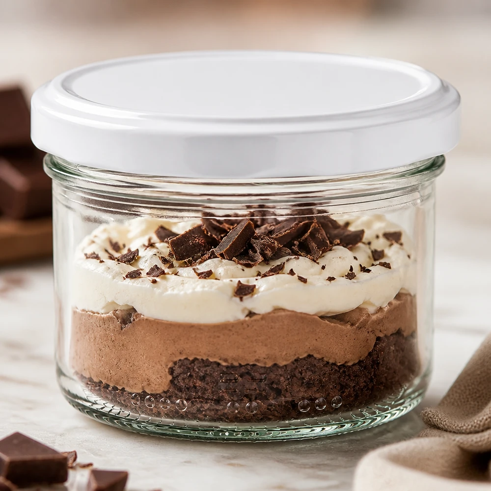 230ml cilindrische pot met BioSeal deksel wit UNiTWIST 230 ml mason jar met luchtdichte witte deksel toont chocoladedessert in lagen als voorbeeld van gebruik