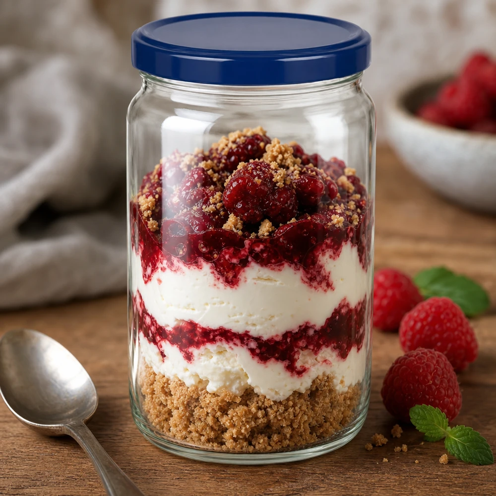 795ml rond glas met BasicSeal deksel blauw UNiTWIST 795ml rond glas met blauw UNiTWIST deksel gevuld met een gelaagd dessert van bessencrème en koekkruimels op een houten tafel