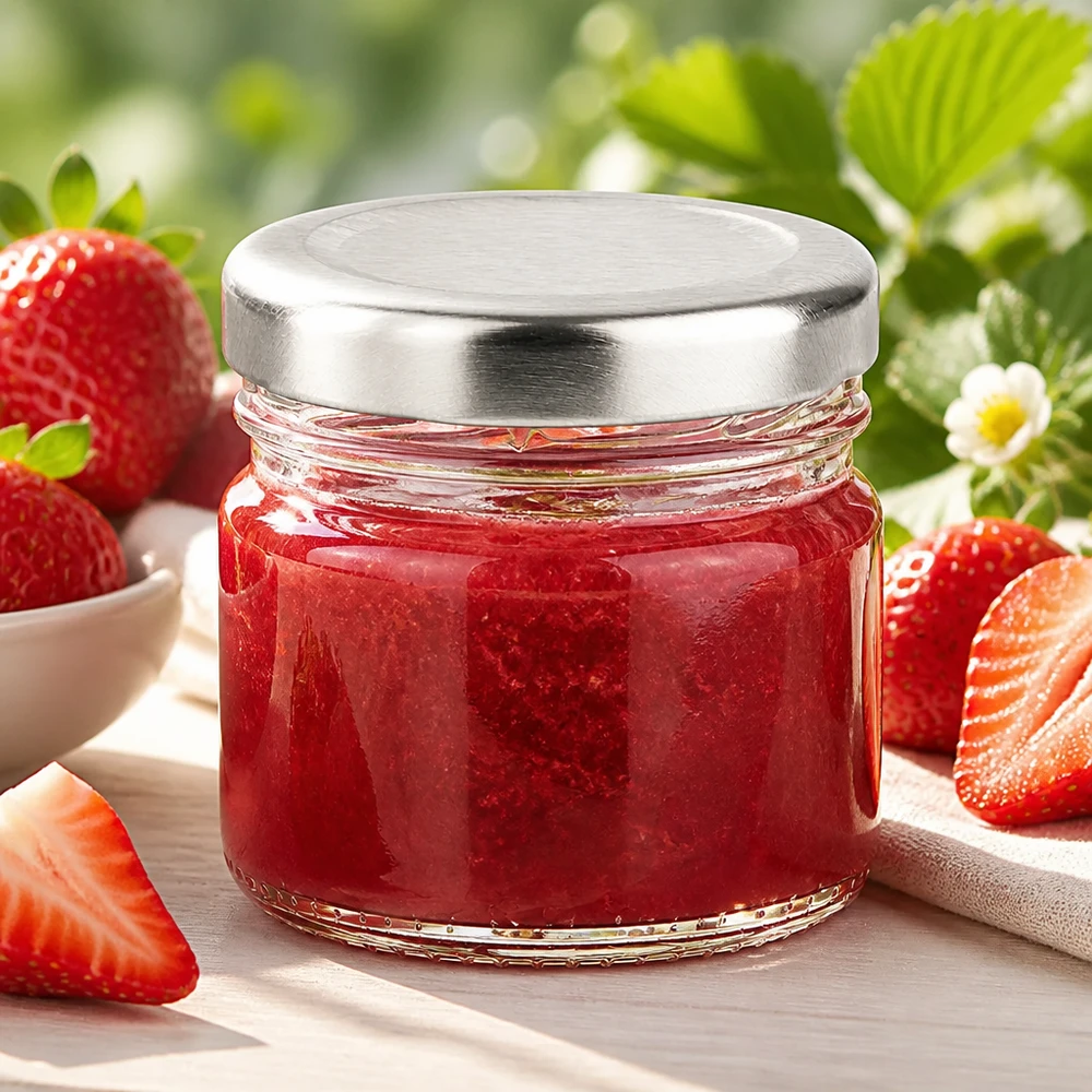 33 ml rond glas + BasicSeal-deksel zilver UNiTWIST Rond glazen potje van 33 ml met een zilveren BasicSeal-deksel en een fruitige rode aardbeienvulling tegen een groene achtergrond