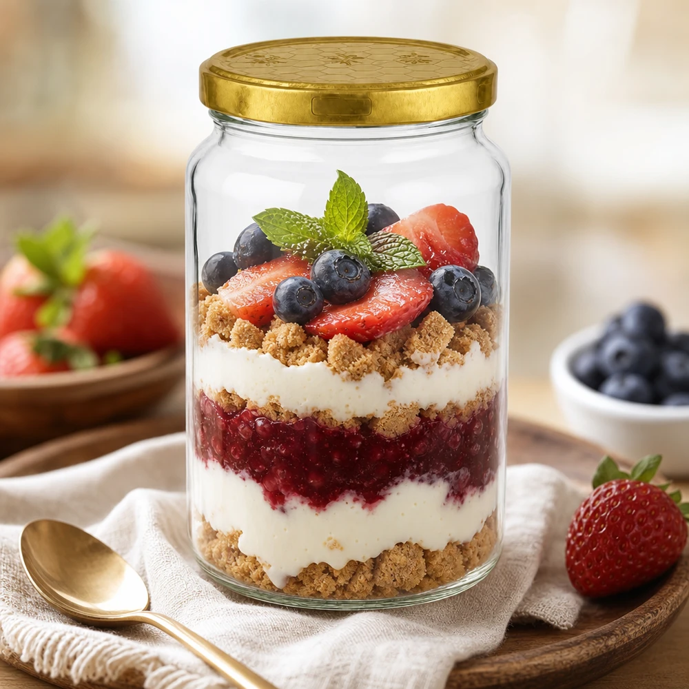795ml rond glas met BasicSeal deksel Honingraat UNiTWIST 795 ml rond glas met gouden deksel als dessertglas voor bessentrifle met yoghurt en hagelslag