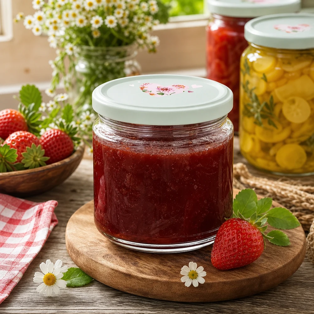 Ronde pot van 330 ml + deksel BasicSeal mint hart UNiTWIST 330ml ronde pot aardbeienjam BasicSeal deksel hart motief munt jampot inmaak keuken houten plank