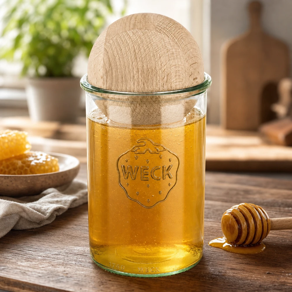 1000ml stortglas WECK RR100 met houten bal WECK bekers 1000ml gevuld met honing en beuken bol deksel, honinglepel en honingraat op houten tafel in natuurlijke keuken