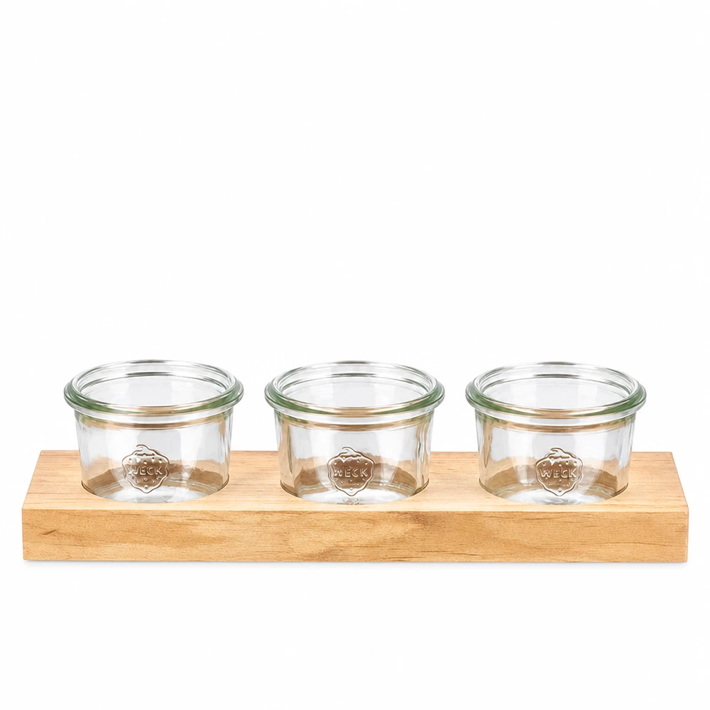Serveerplank Plano3 met 3 Weck-glazen van 80 ml Plano3 houten serveerplank met 3 Weck 80ml bekers voor dipsausjes, specerijen en snacks