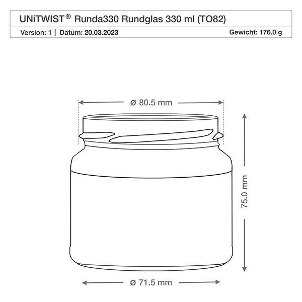 330ml rond glas zonder deksel (TO82) UNiTWIST UNiTWIST Runda330 rond glas 330ml TO82 technische tekening met afmetingen diameter 71,5mm hoogte 75mm gewicht 176g
