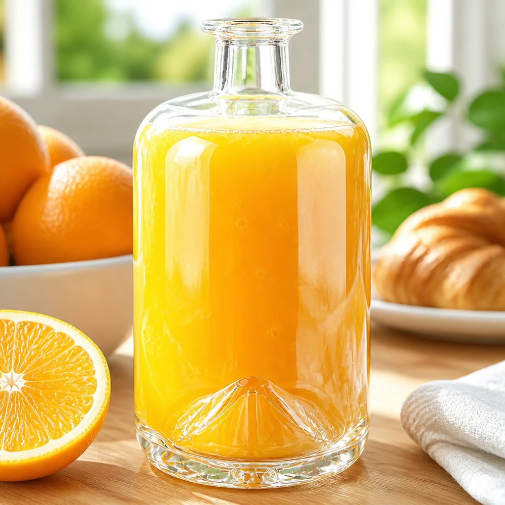 700 ml apothekersfles Sofia zonder sluiting UNiTWIST® 700ml glazen fles Sofia gevuld met sinaasappelsap naast verse sinaasappels en croissants in een zonnige ontbijtscène