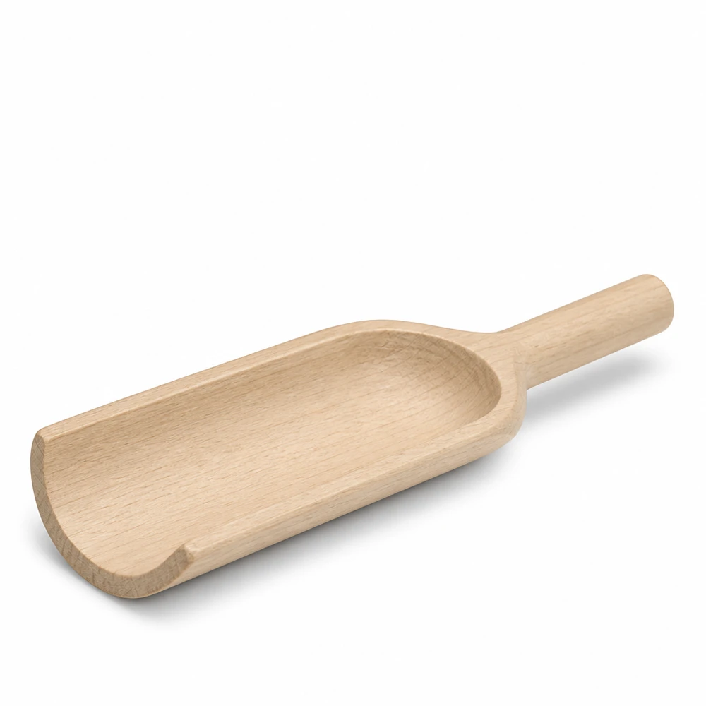 Houten schep maat L platte vorm - 180mm lang Houten schep L 18cm platte vorm zijaanzicht toont ergonomische handgreep en schepblad gemaakt van natuurlijk hout