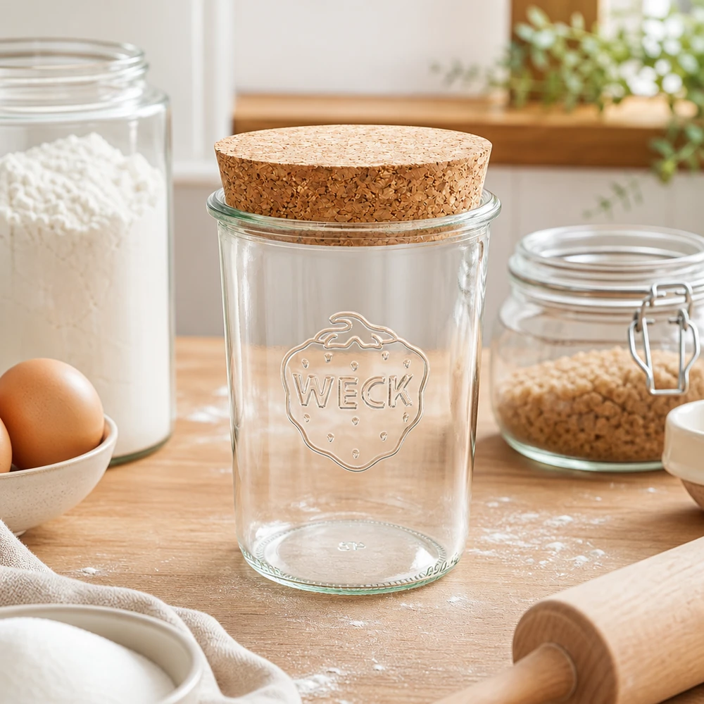 WECK bekers 850ml RR100 met natuurkurk op keukenblad tussen bloem, eieren en bakgerei Keukenscène