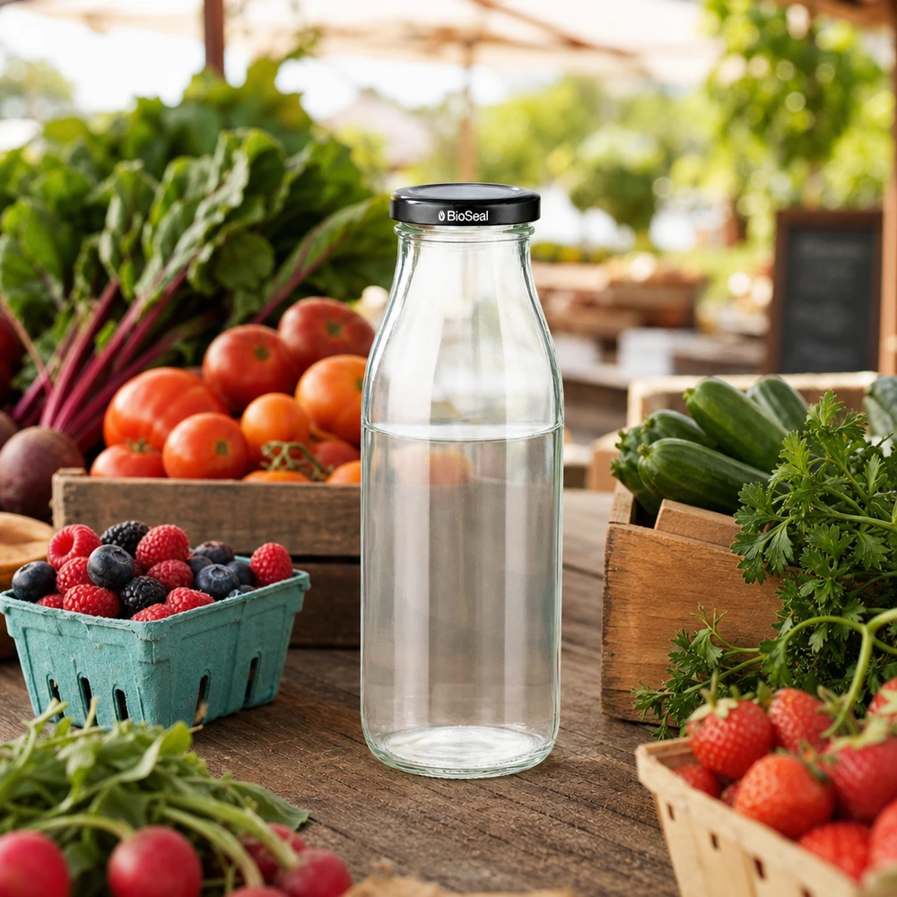 500ml fles met BioSeal deksel zwart UNiTWIST 500ml Glasflasche mit BioSeal Deckel zwischen frischem Marktgemüse Beeren und Kräutern in natürlicher Umgebung