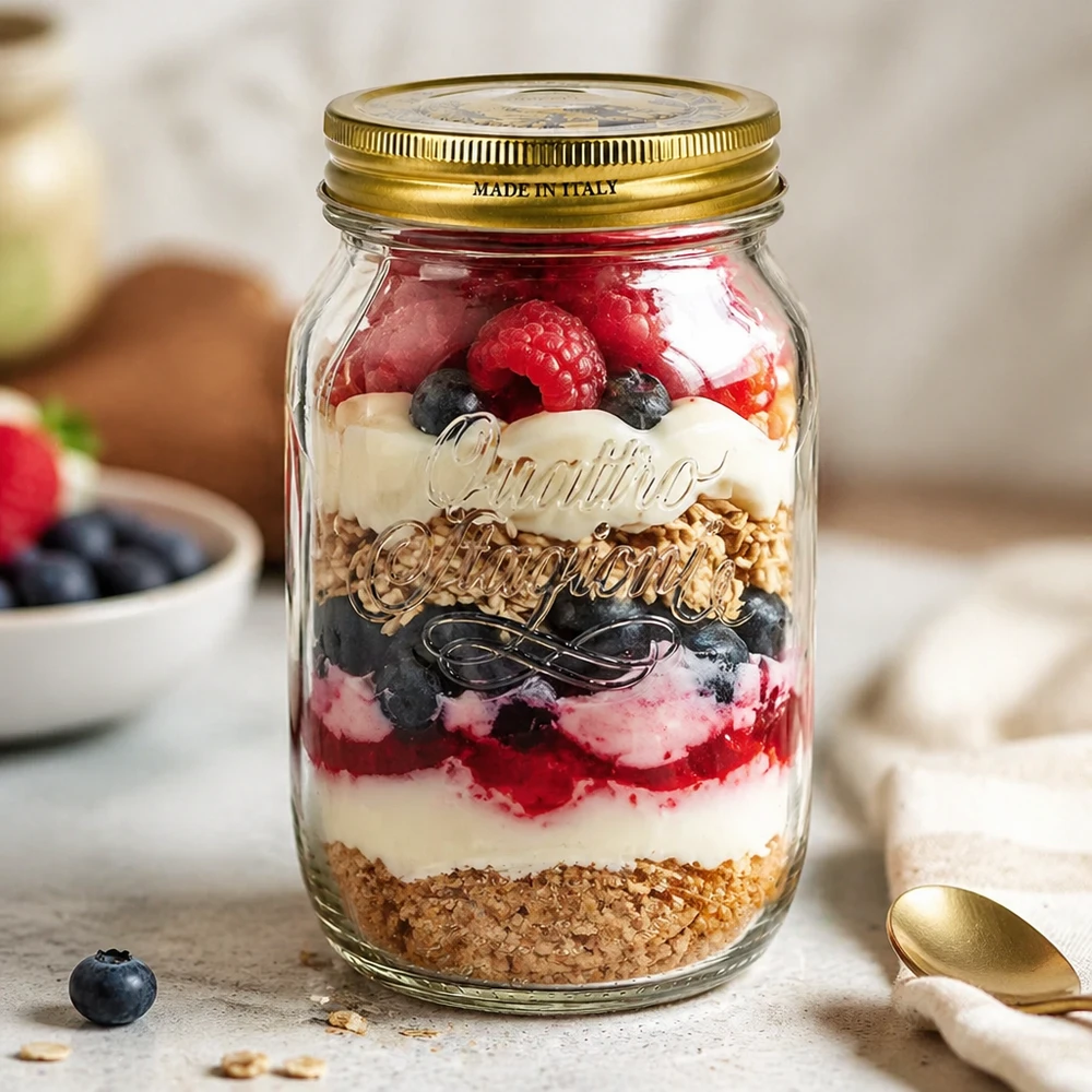 1000 ml rond glas "Quattro Stagioni" met deksel Quattro Stagioni 1000ml pot gevuld met gelaagd dessert bessen yoghurt granola Italiaanse inmaakpot Toepassing
