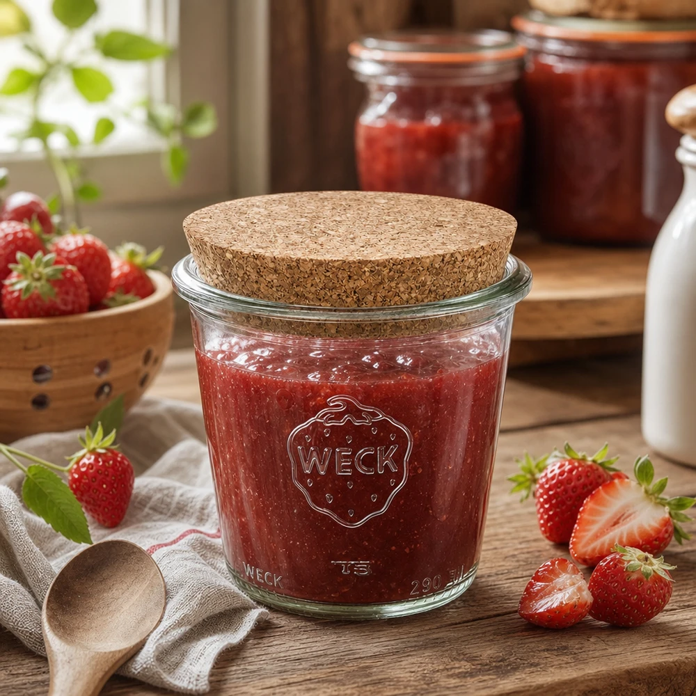 290ml stortglas hoge WECK RR80 met kurk WECK inmaakpot 290ml met kurkdeksel gevuld met aardbeienjam in rustieke keuken met verse aardbeien