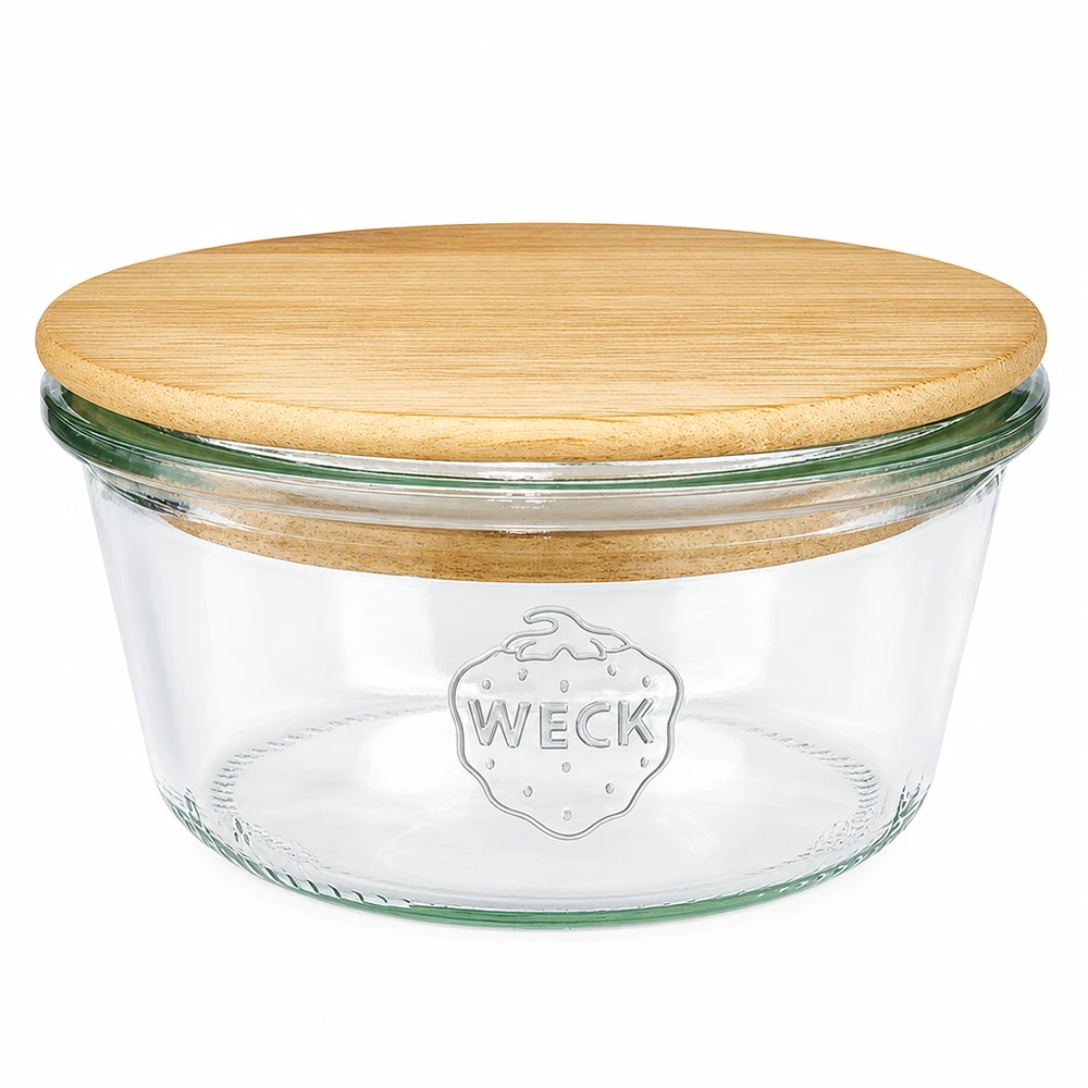 WECK beker 290ml laag RR100 met ronde houten deksel gemaakt van bamboe, inmaakpot met WECK logo op witte achtergrond