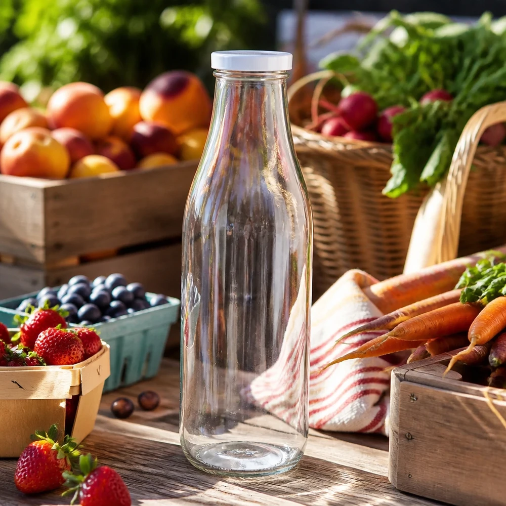 1000ml fles met BasicSeal deksel wit UNiTWIST 1000ml glazen fles leeg BasicSeal deksel wit marktkraam vers fruit groenten bessen wortelen buiten decor