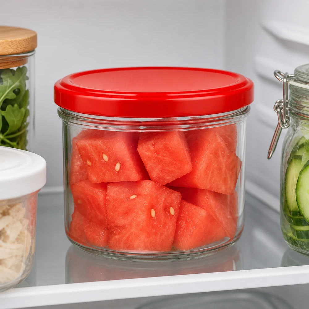 230ml cilindrische pot met BasicSeal deksel rood UNiTWIST 230ml Zylinderglas mit rotem Deckel voller Wassermelonenstücke im Kühlschrank neben anderen Vorratsgläsern