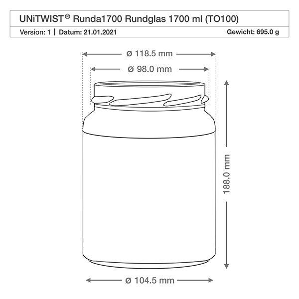 1700ml rond glas zonder deksel (TO100) UNiTWIST UNiTWIST Runda1700 trommels 1700ml TO100 technische tekening Afmetingen Afmetingen 118,5mm diameter 188mm hoogte