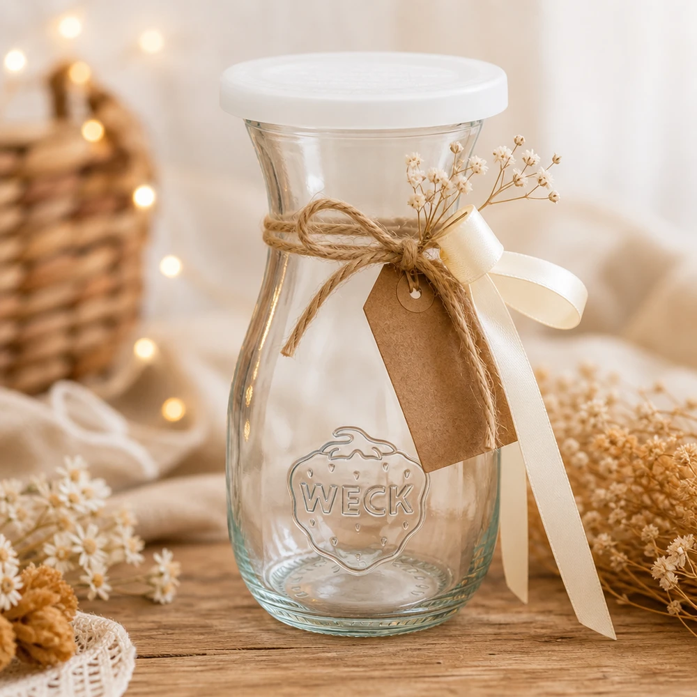 Sapfles van 290 ml met vershouddeksel WECK RR60 WECK 290ml sapfles decoratief gerangschikt met jute lint hanger en gedroogde bloemen op houten tafel met warm licht