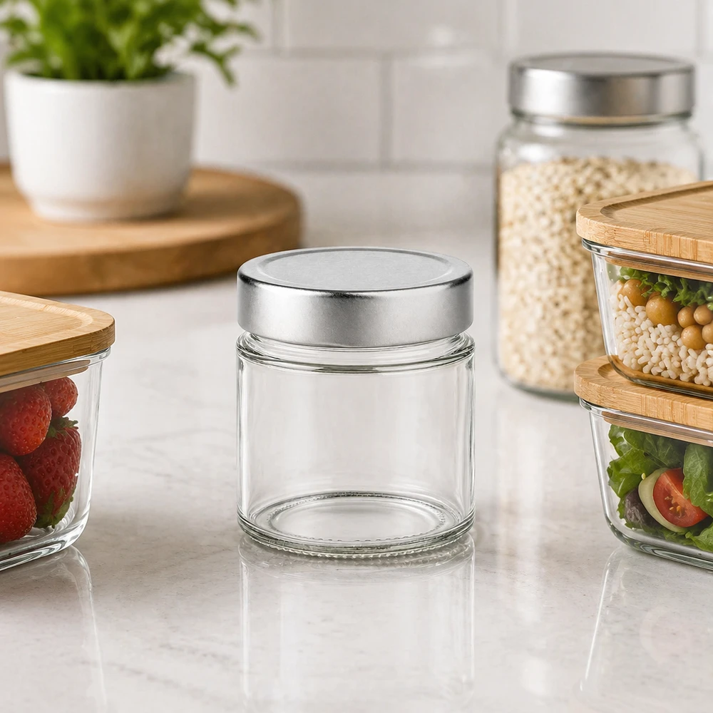 135ml rond glas met BasicSeal deksel zilver deep UNiTWIST 135ml ronde pot zilver deksel keuken decor met opslag potten bessen salade ontbijtgranen moderne opslag