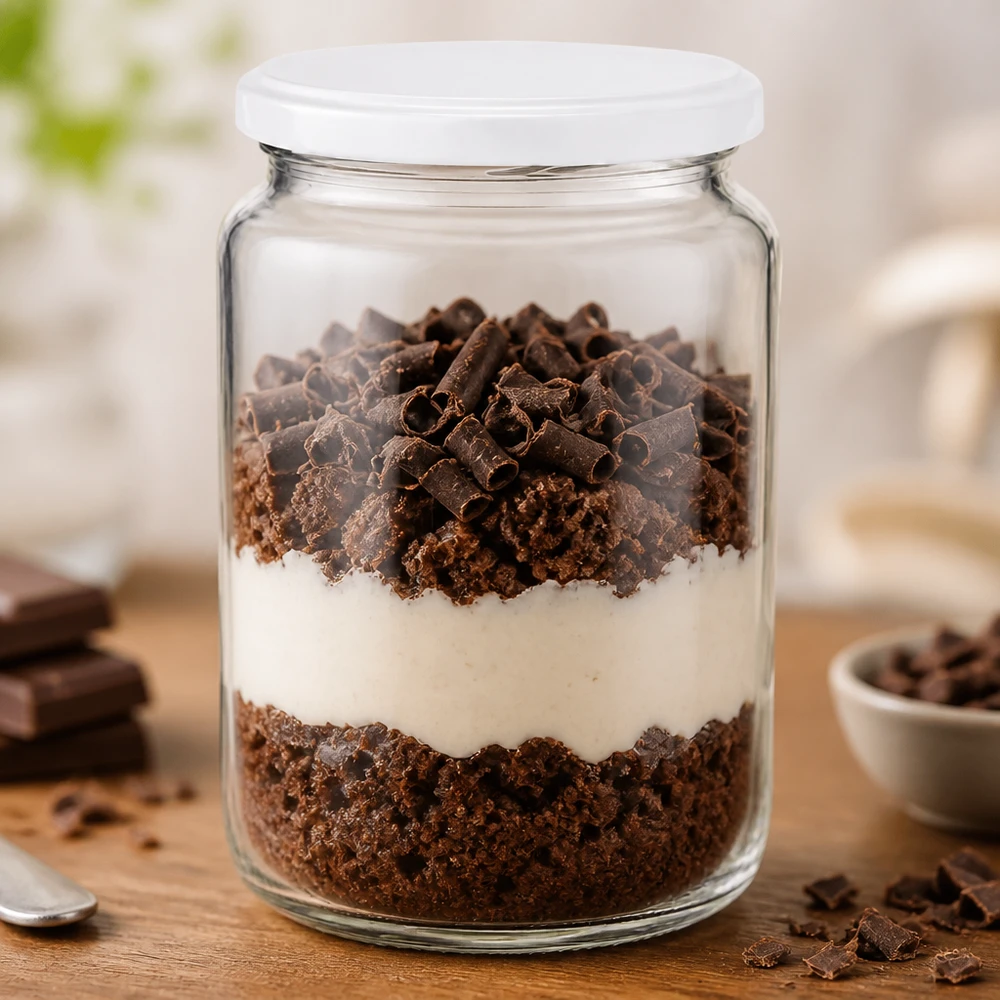 795ml rond glas met BasicSeal deksel wit UNiTWIST 795 ml rond glas UNiTWIST gevuld met gelaagd chocoladedessert toont praktisch gebruik als dessertglas