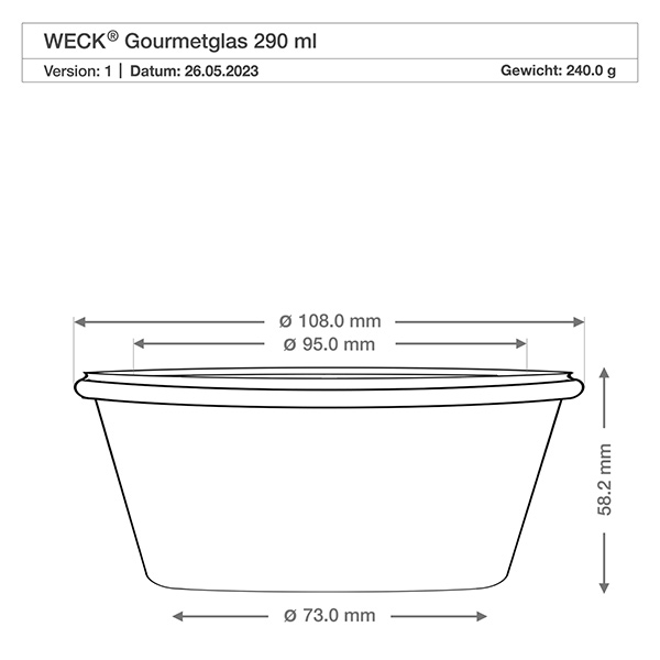 290ml gourmetglas WECK RR100 Technische tekening WECK Gourmetpot 290ml RR100 met afmetingen Diameter 108mm Hoogte 58mm Gewicht 240g