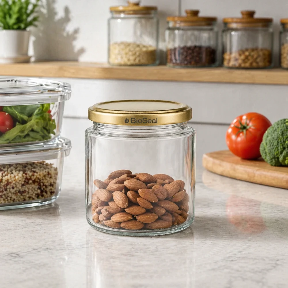 Honingpot 350 g met gouden BioSeal UNiTWIST-deksel BioSeal voorraadpot 250ml gevuld met amandelen in keuken, gouden UNiTWIST deksel voor noten en droge voedingsmiddelen