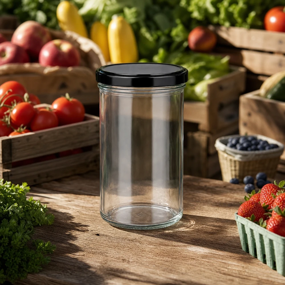 277ml bekers met BasicSeal deksel zwart UNiTWIST 277ml mason jar met zwart deksel op houten tafel met tomaten aardbeien bosbessen jampot inmaakpot