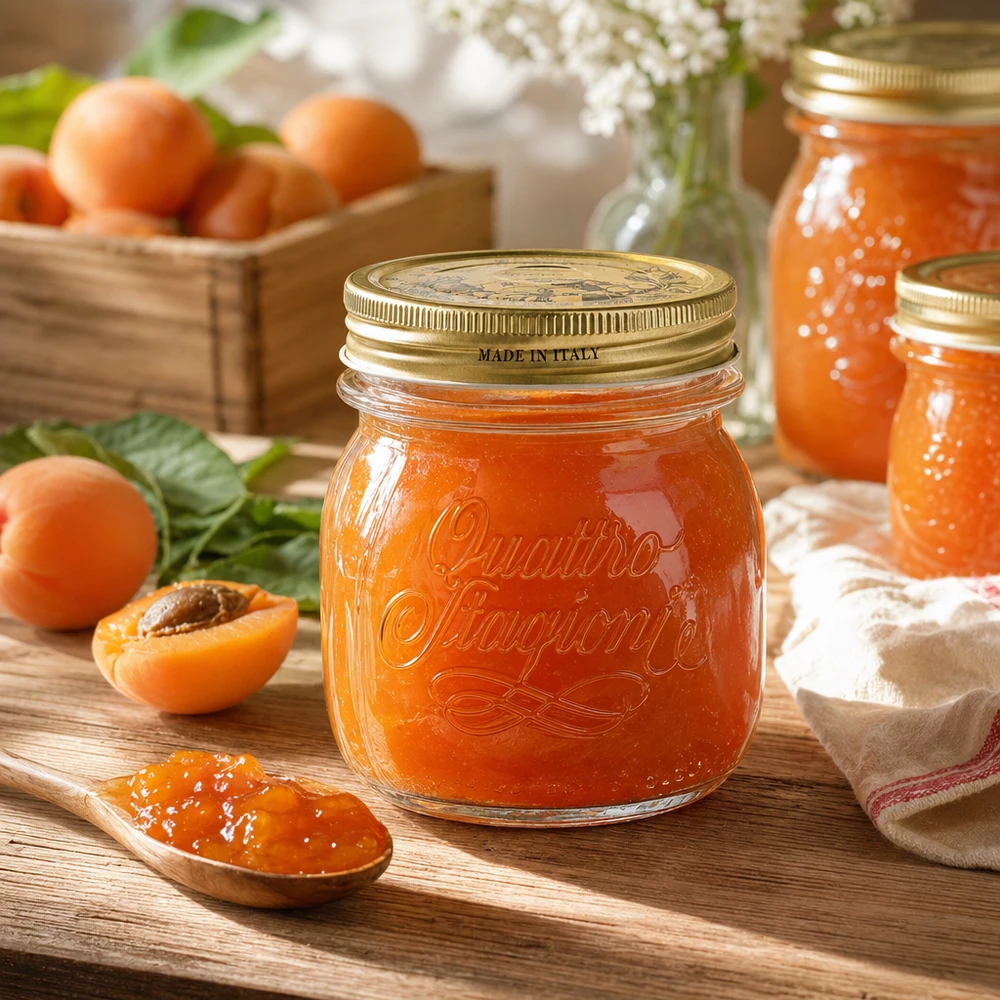 250 ml rond glas "Quattro Stagioni" met deksel Quattro Stagioni ronde pot 250ml met schroefdeksel gevuld met abrikozenjam op een houten tafel met verse abrikozen