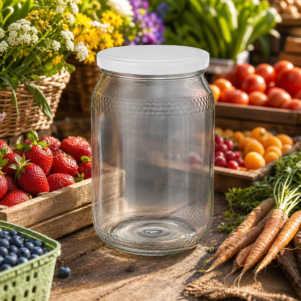 Honingpot 1260 g met witte BasicSeal UNiTWIST-deksel Lege 900ml honingpot met wit BasicSeal deksel tussen vers fruit en groenten toont natuurlijk gebruik