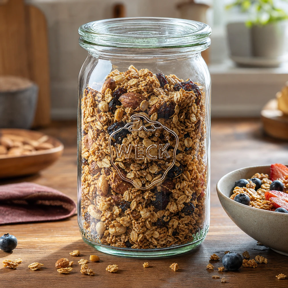 WECK 145 ml cilinderpot gevuld met muesli en noten als voorraadpot op een houten tafel in een moderne keuken