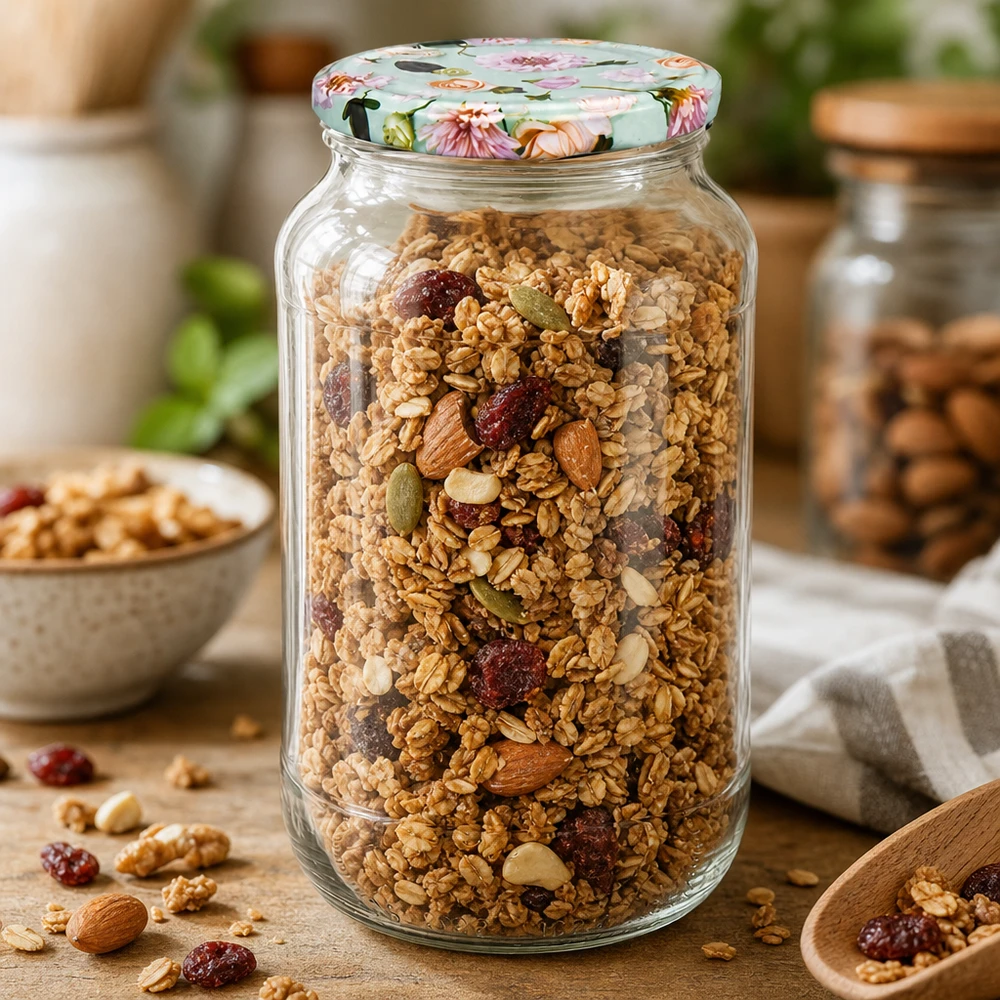 Ronde pot 1062 ml + deksel BasicSeal mintbloem UNiTWIST Voorraadpot 1062ml met BasicSeal bloesemdeksel mint gevuld met muesli noten en gedroogd fruit Keuken opslag