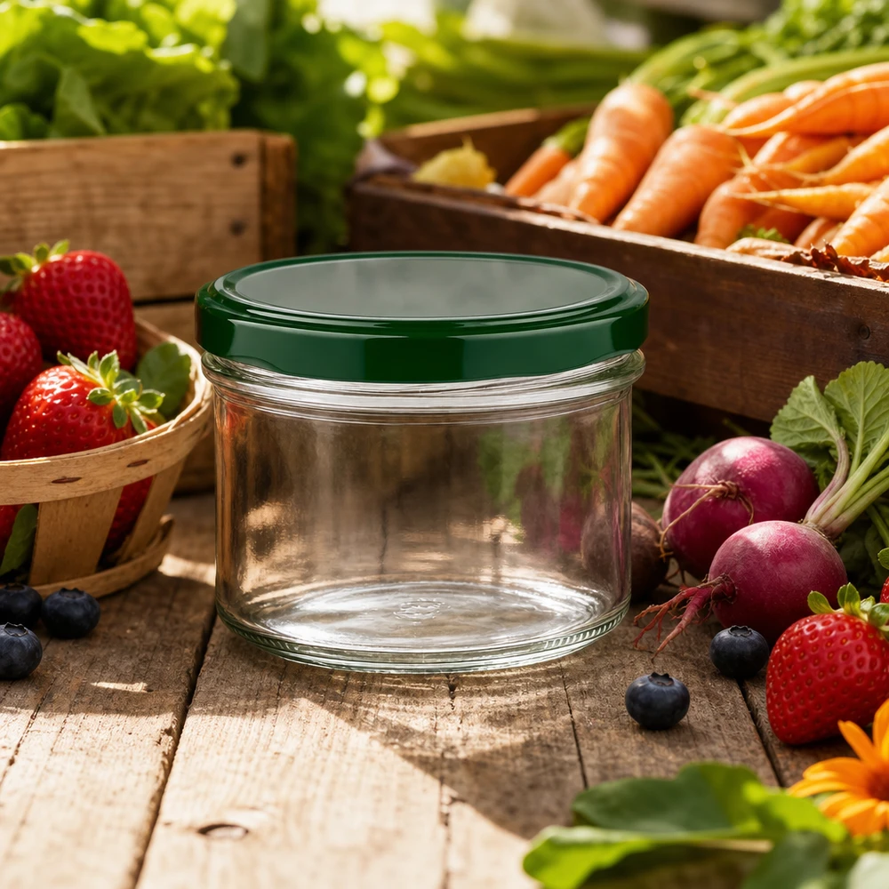 Inmaakpot van 225 ml met groen deksel, gerangschikt tussen vers fruit en groenten op een rustieke houten tafel