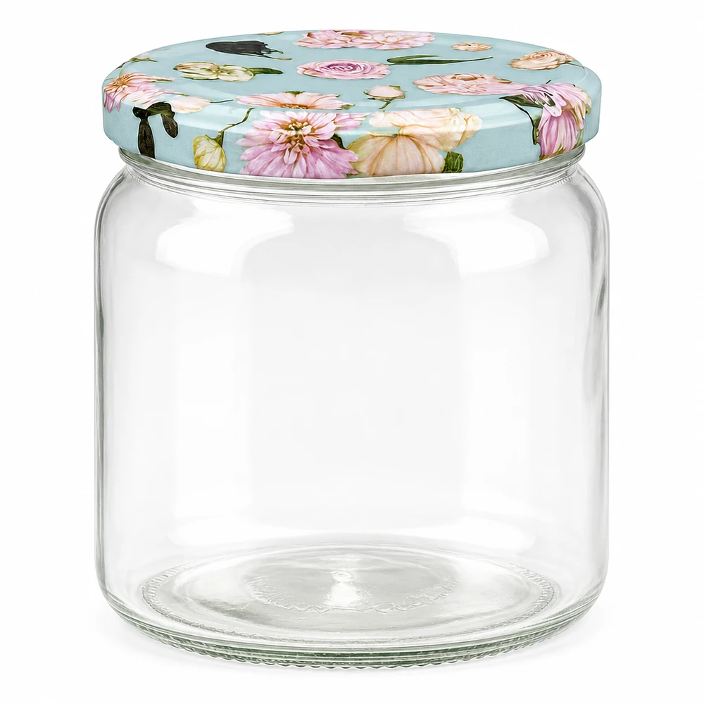 Ronde pot van 425 ml + BasicSeal-deksel met muntbloem UNiTWIST 425ml ronde inmaakpot met BasicSeal deksel in mint bloemmotief - lege inmaakpot met bloemmotief op lichtblauwe achtergrond