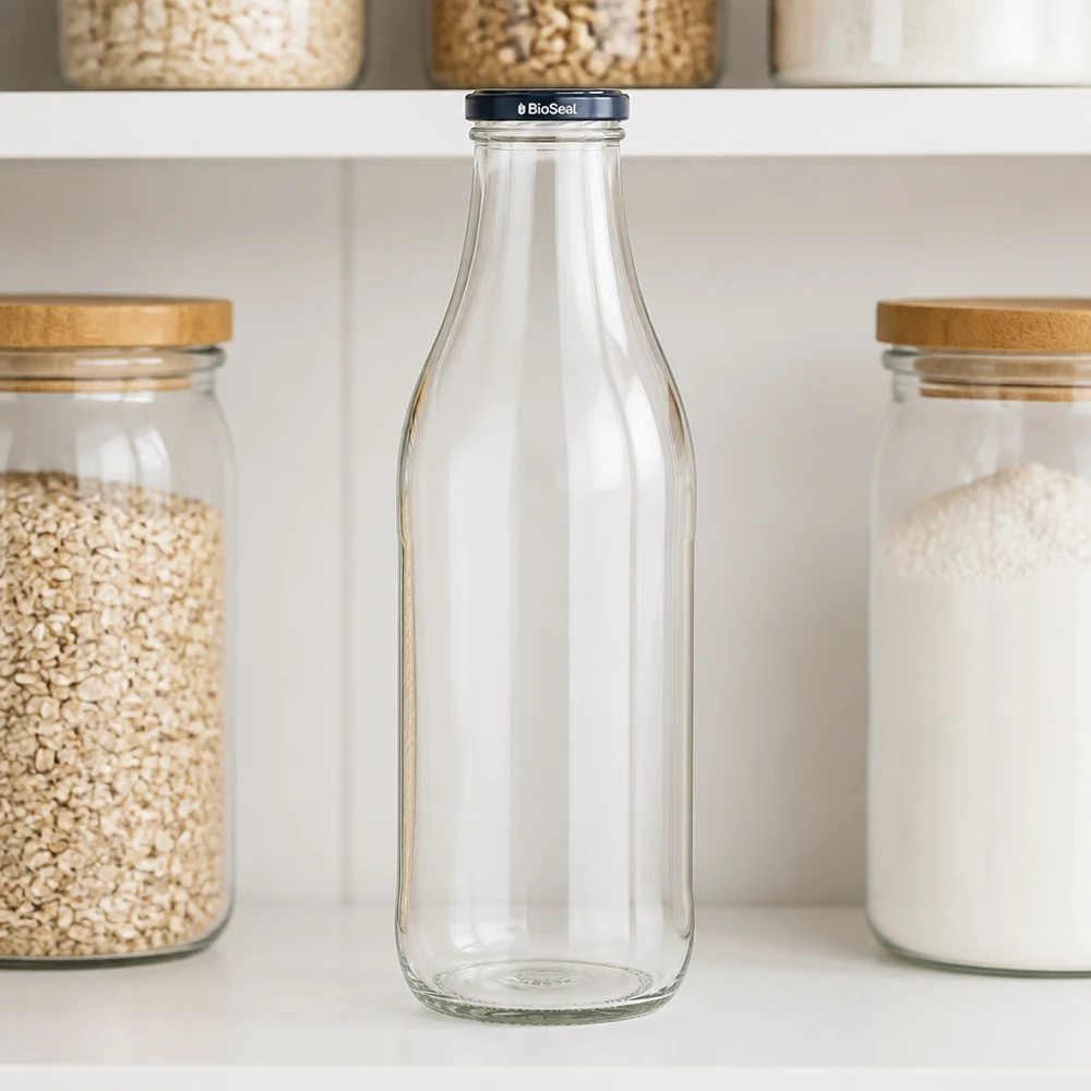 1000ml fles met BioSeal deksel zwart UNiTWIST 1000ml glazen fles BioSeal deksel zwart keukenplank opslag granen havermout zero waste